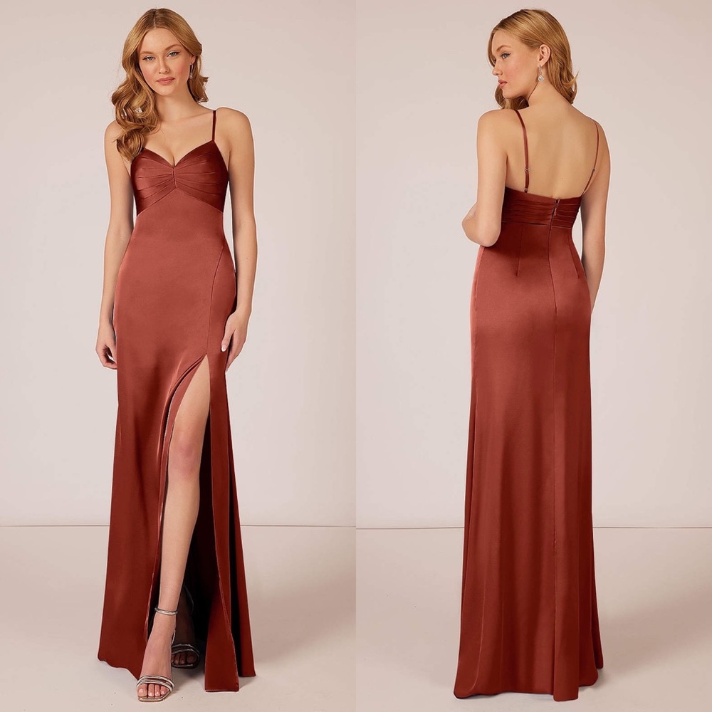 NWT AZAZIE LINIA Mermaid Pleated Stretch Satin Floor-Length Dress Terracotta